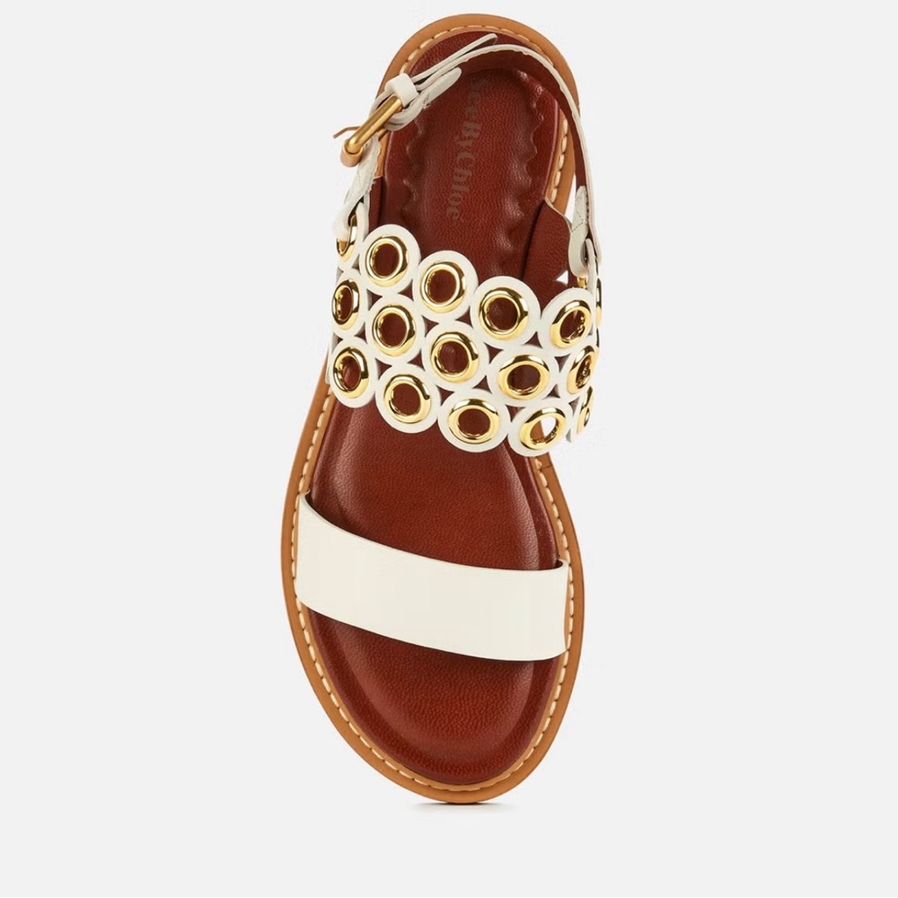 See By Chloe Steffi Ring Leather Flat Sandals in Cream & Gold